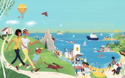 Happy family on vacation at seaside resort with lots of recreational pursuits