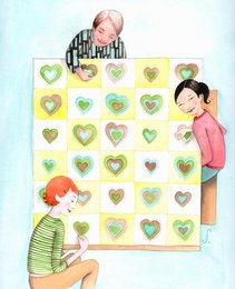 Family quilting blanket with hearts