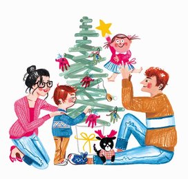 Happy family decorating Christmas tree