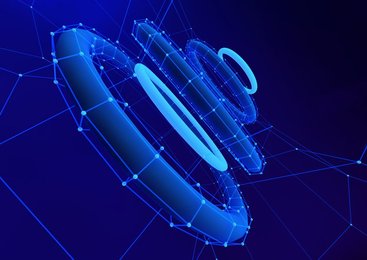 Abstract pattern of connected fluorescent rings in grid on blue background