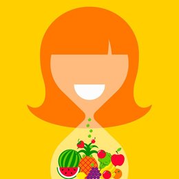 Woman shaped as hourglass containing healthy fruit and vegetables