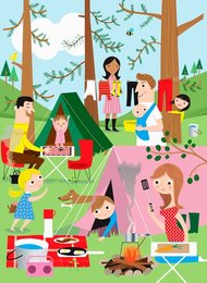 Families having fun camping in woods