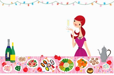 Happy woman drinking champagne at healthy Christmas buffet table