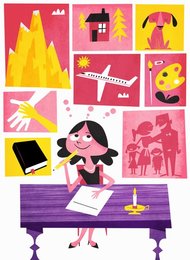 Happy woman planning future writing wish list