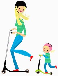 Happy mother and daughter wearing helmets and riding push scooters