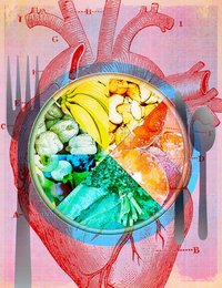 Plate of different types of healthy food over diagram of human heart