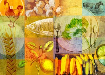 Collage of healthy food and place setting