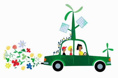 Family in car using renewable energy
