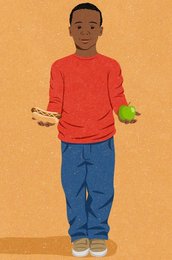 Boy with choice of healthy fruit of unhealthy junk food
