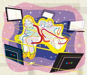 Television screens surrounding family on sofa