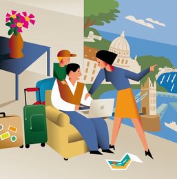 Happy family planning holiday on laptop