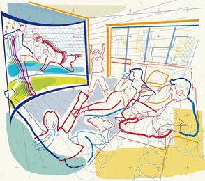 Family enjoying watching football together on home entertainment television