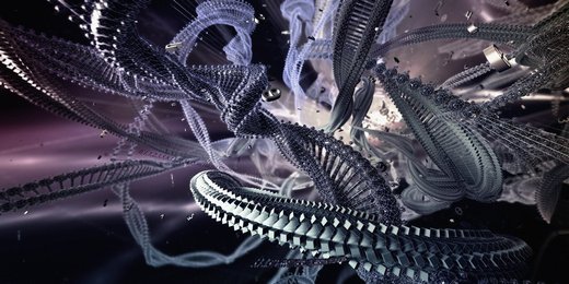 Complex abstract of tangled metallic spines and Greek letters