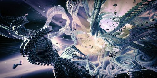 Complex abstract of tangled metallic spines and exploding Greek letters