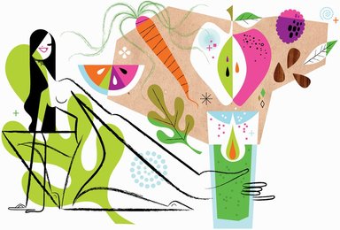 Woman reaching for healthy fruit and vegetable smoothie