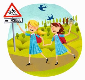 Happy school girls leaving home waving to parents