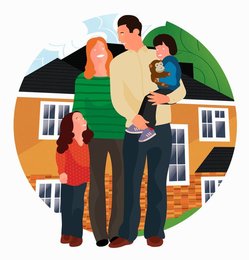 Happy family standing outside of new home