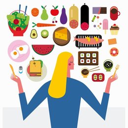 Woman choosing between healthy and unhealthy food