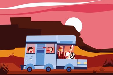 Happy family driving motor home on holiday