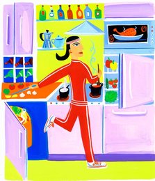 Efficient woman exercising and preparing healthy food wearing sportswear in kitchen