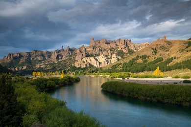Chubut River running through Bariloche landscape, San Carlos de Bariloche, Patagonia, Argentina, South America