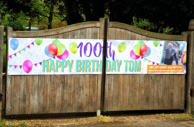 Happy 100th Birthday banner on the gates of The Old Rectory, where Captain Tom Moore lives with his family
Messages of Congratulations all around the village of Marston Moretaine, Bedfordshire, UK to celebrate the 100th Birthday of Captain Tom Moore.
'C