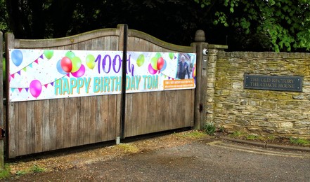 Happy 100th Birthday banner on the gates of The Old Rectory, where Captain Tom Moore lives with his family
Messages of Congratulations all around the village of Marston Moretaine, Bedfordshire, UK to celebrate the 100th Birthday of Captain Tom Moore.
'C