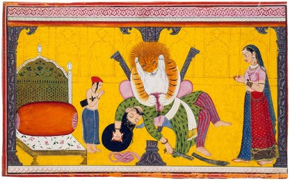 India: Narasimha Disemboweling Hiranyakashipu, as Prahlada and his mother look on. Himachal Pradesh, c. 1760