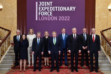 Britain's Prime Minister Boris Johnson (C) poses for a family photo with leaders of the the Joint Expeditionary Force (JEF), a coalition of 10 states focused on security in northern Europe, following their meeating, at Lancaster House, in London on March