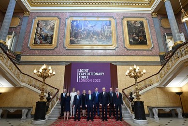 Britain's Prime Minister Boris Johnson (C) poses for a family photo with leaders of the the Joint Expeditionary Force (JEF), a coalition of 10 states focused on security in northern Europe, following their meeating, at Lancaster House, in London on March