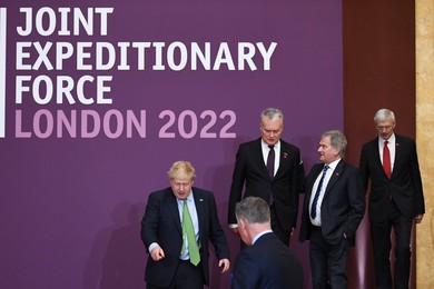 Britain's Prime Minister Boris Johnson arrives with the other leaders of the the Joint Expeditionary Force (JEF), a coalition of 10 states focused on security in northern Europe, for a family photo, following their meeating, at Lancaster House, in London