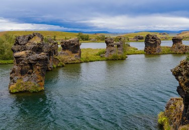 Lava chimneys, rock formations created during the cooling of a lava flow,  Hoefdi nature reserve. Landscape at lake Myvatn. Europe, Northern Europe, Iceland