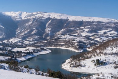Winter Landscape, Lake of Fiastra, Fiastra, Marche, Italy, Europe