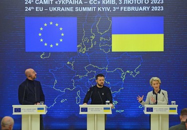 Volodymyr Zelenskyy, Ursula von der Leyen and Charles Michel meet with press