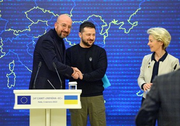 Volodymyr Zelenskyy, Ursula von der Leyen and Charles Michel meet with press