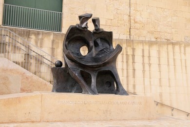 17th;Architect;Architects;Art;Arts;Bronze;Cassar;Century;Destination;Francesco;Girolamo;Horizontal;Laparelli;Malta;Maltese;Mediterranean;Metal;Modern;Outdoor;Outside;Sandstone;Sculpture;Steps;Travel;Valletta;Wall
