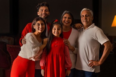 Portrait of three generation happy Indian family at home
