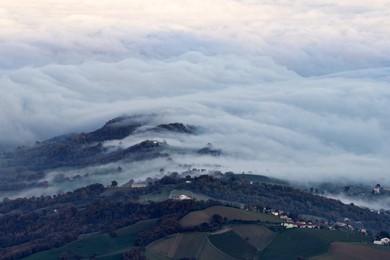 View. panoramic. point. cross. fog. landscape. horizontal. sarnano. marche. italy. Italyn. nature.