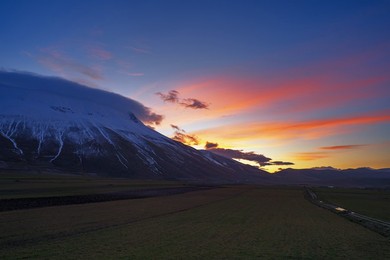 Monti Sibillini. national. park. sunrise. landscape. horizontal. castelluccio Di Norcia. umbria. italy. Italyn. nature.