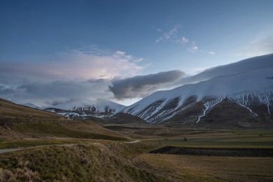 Monti Sibillini. national. park. sunrise. landscape. horizontal. castelluccio Di Norcia. umbria. italy. Italyn. nature.