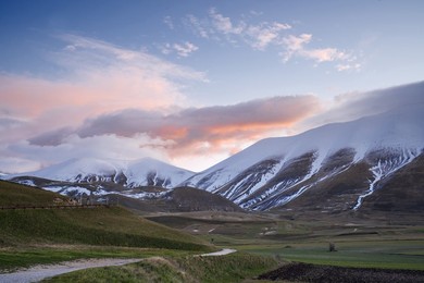 Monti Sibillini. national. park. sunrise. landscape. horizontal. castelluccio Di Norcia. umbria. italy. Italyn. nature.