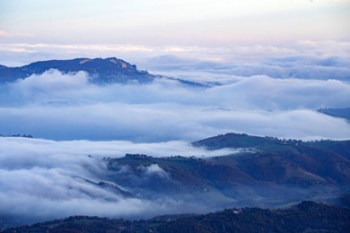 View. panoramic. point. cross. fog. landscape. horizontal. sarnano. marche. italy. Italyn. nature.