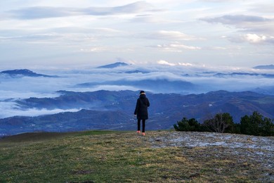 View. panoramic. point. cross. fog. people. landscape. horizontal. sarnano. marche. italy. Italyn. nature.