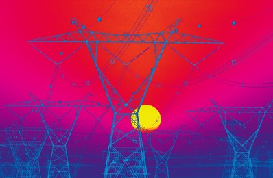 Pylons in the desert outside Dubai at sunset