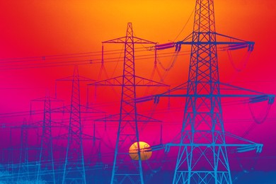 Electricity pylons outside Radley Village, sunset