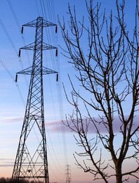 Electricity pylons and bare trees in Lower Radley, winter sunrise