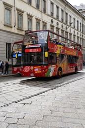 Turistic bus, Via Manzoni street, city center, Milan, Lombardy, Italy, Europe