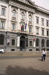 Piazza della Scala square and the facade of the Gallerie d'Italia museum, Milan, Lombardy, Italy, Europe