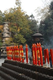 Votive sticks are replaced by light bulbs at Lingyin Temple. Zheijiang, Hangzhou, China, Asia