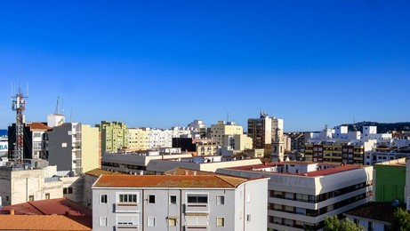 Denia, Spain, View from the historic military fortress into the city center. High angle scene of the cityscape in travel destination in the Alicante province.